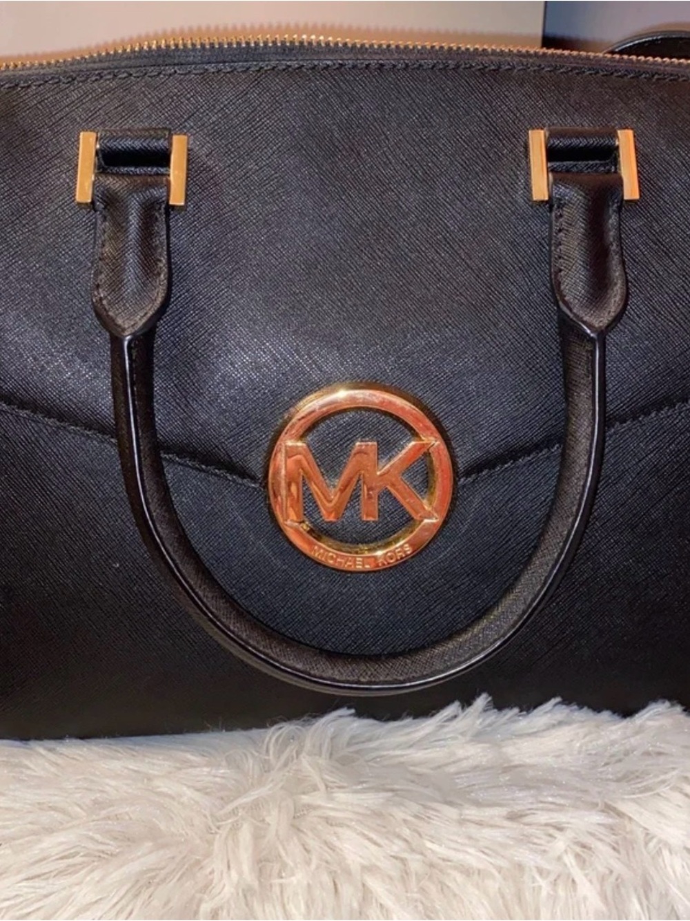 Michael Kors Black Saffiano Leather Satchel with Gold Logo